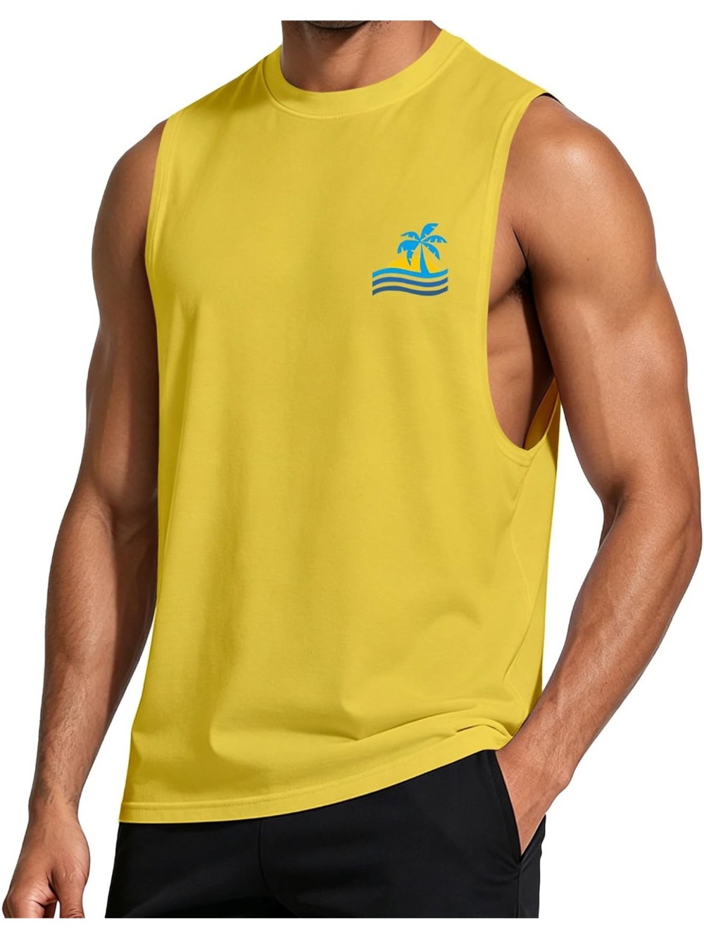 🚘 YNS Generic Yellow Muscle Tank with Blue Palm Logo beach shirt workout size XL